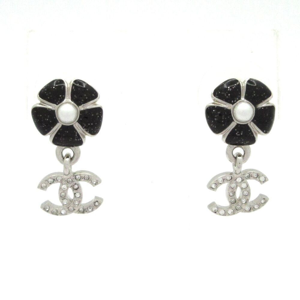 Chanel Earrings Silver Black White Hardware Faux Pearl Rhinestones